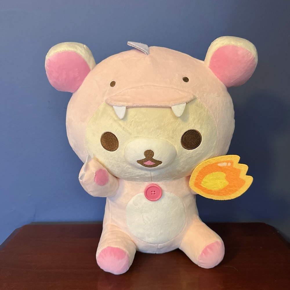 New with Tag San-X Rilakkuma Korilakkuma Pink Dino Holding Cookie 16" Plush